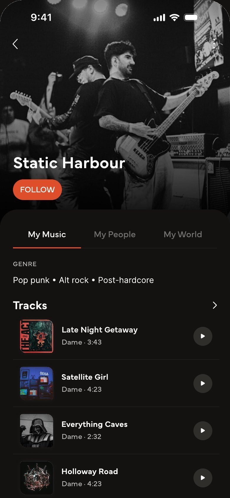 An artist profile on the My Music tab, listing their tracks