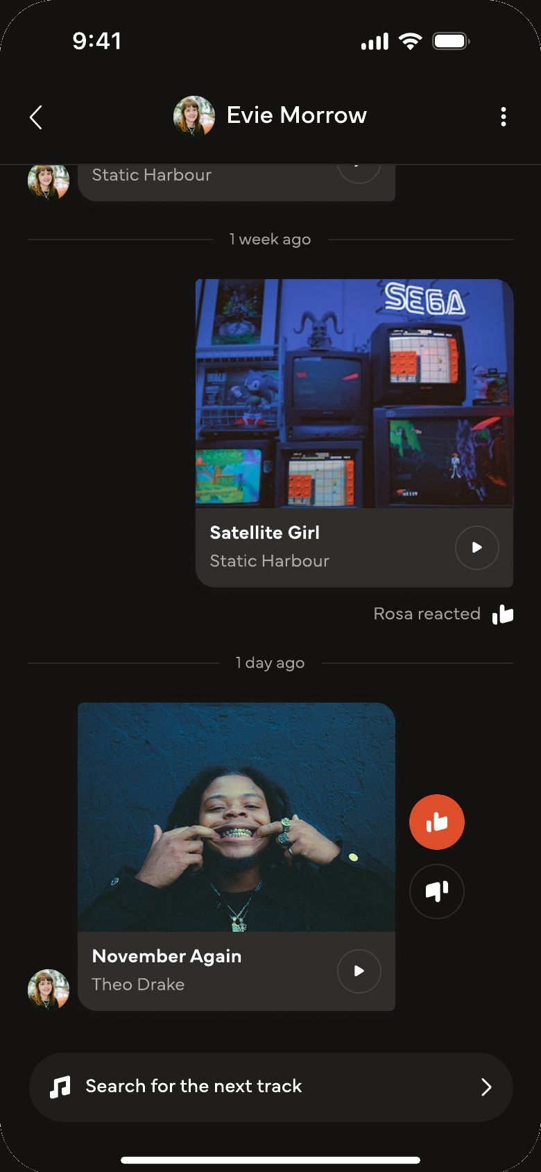 A conversation of shared songs, with a thumbs up reaction