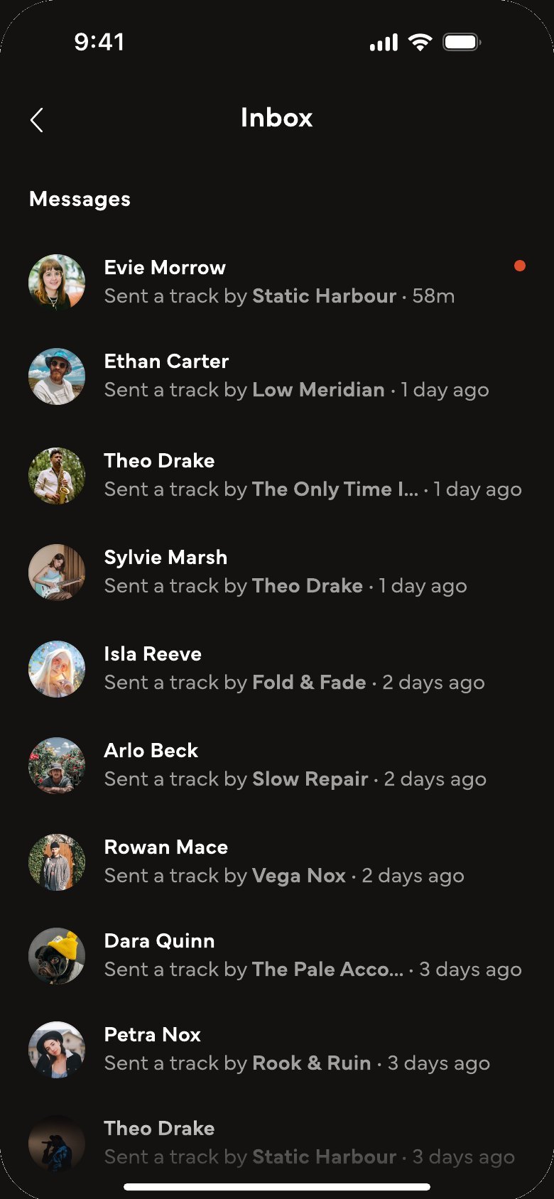 The Serenada inbox, full of songs sent by friends