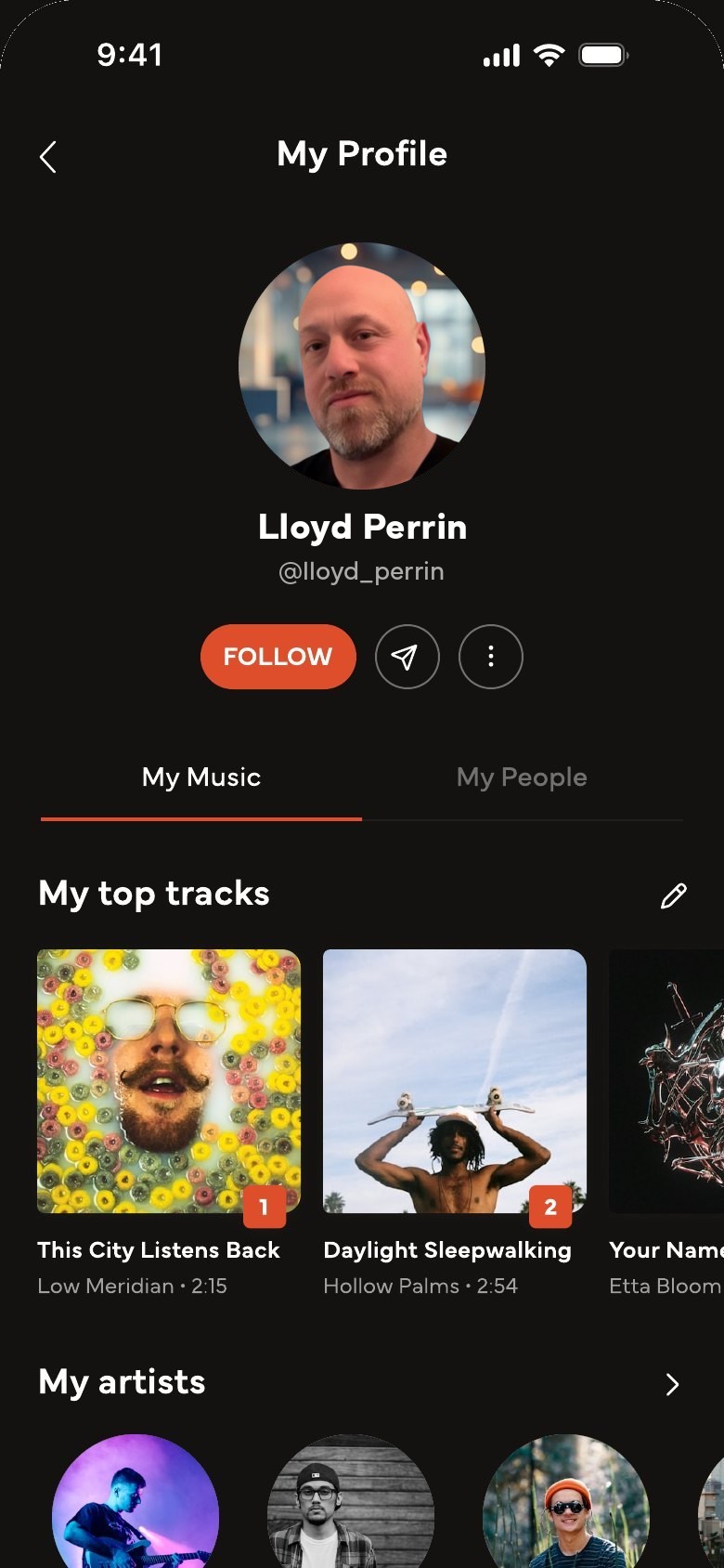 Lloyd Perrin's listener profile on Serenada, showing his top tracks and artists