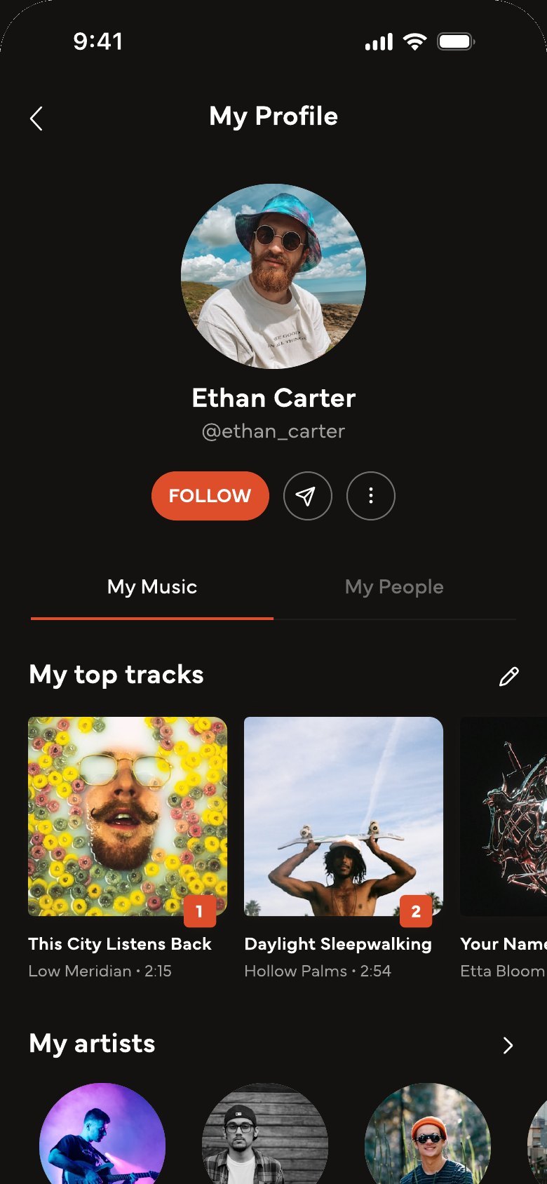 A listener profile on Serenada showing their top tracks and playlists